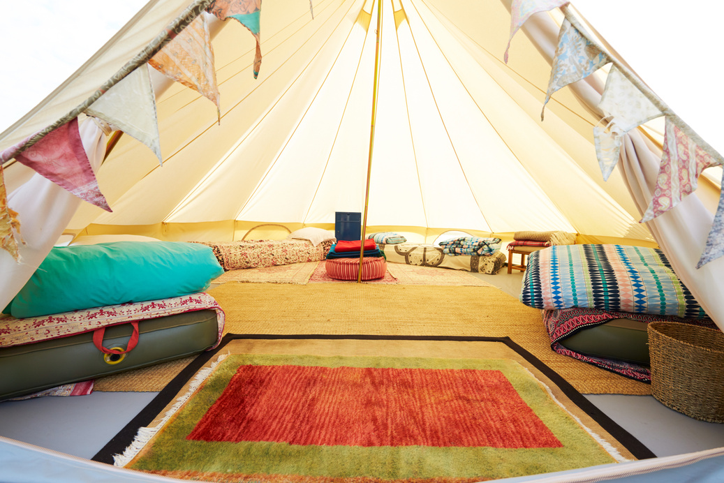 Interior View of Teepee Tent Pitched on Glamping Camp Site with
